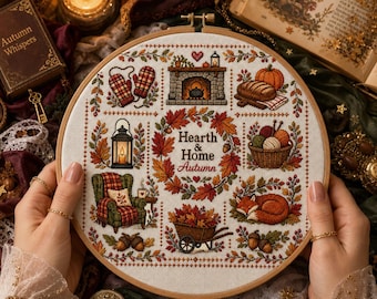 May include: A round wooden embroidery hoop containing a cross-stitch pattern on white fabric. The design features a central wreath of autumn leaves with the text Hearth & Home Autumn, surrounded by icons of a fireplace, pumpkin, lantern, chair, and fox.