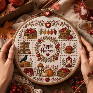 Op de afbeelding: Een ronde houten borduurring met een kruissteekontwerp getiteld Apple Harvest. Het patroon bevat appels, pompoenen, een kraai, een lantaarn en een wegwijzer met de tekst Orchard, Cider, Hayrides, allemaal omringd door herfstbladeren.