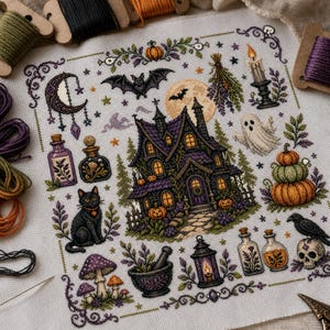 May include: A square cross-stitch embroidery on white fabric featuring a central haunted house surrounded by pumpkins, a black cat, a ghost, a raven on a skull, potion bottles, a mortar and pestle, a lantern, mushrooms, and a crescent moon.
