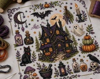 May include: A square cross-stitch embroidery on white fabric featuring a central haunted house surrounded by pumpkins, a black cat, a ghost, a raven on a skull, potion bottles, a mortar and pestle, a lantern, mushrooms, and a crescent moon.