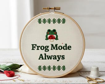 Frog Cross Stitch Pattern, Mushroom PDF Chart, Frog Mode Always Digital Download