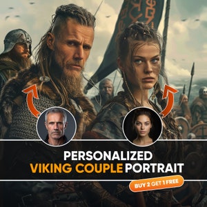 Casal Viking personalizado de foto, retrato viking, presentes viking, Ragnar, Lagertha, retrato de foto, retrato histórico, retrato de família