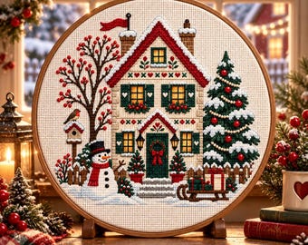 May include: A circular wooden embroidery hoop containing a cross-stitch design of a winter scene. The image features a house with red roofs, green shutters, a snowman with a red scarf, a decorated Christmas tree, and a birdhouse in the snow.