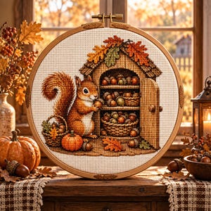 May include: A circular wooden embroidery hoop containing a cross-stitch design of a brown squirrel standing next to a small wooden pantry filled with acorns. The scene includes baskets of acorns, a pumpkin, and autumn leaves on a white fabric background.