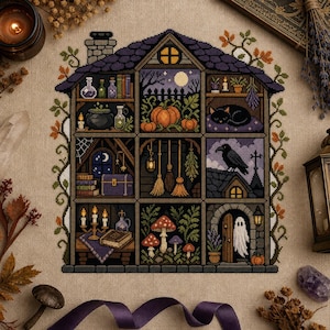 Cozy Witch House Cross Stitch Pattern, Whimsical Gothic Autumn Digital Embroidery Design