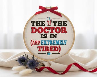 Funny Doctor Cross Stitch Pattern, Tired Physician Embroidery PDF, Healthcare Gag Gift, Medical Digital Design