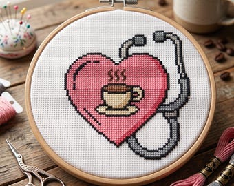 Heart Coffee Stethoscope Cross Stitch Pattern, Nurse Doctor Gift (PDF Download)