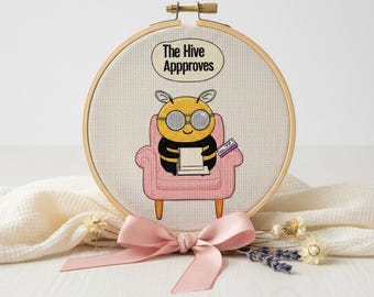 The Hive Apppproves Funny Cross Stitch Pattern, Humorous Bee PDF Chart, Instant Download