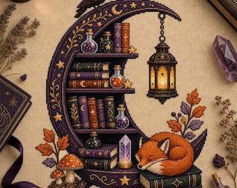 May include: A cross-stitch embroidery on beige fabric featuring a crescent moon shaped bookshelf. The shelves hold colorful books, glass potion bottles, and a glowing lantern. A black crow sits atop the moon, while a sleeping orange fox rests on a book below.