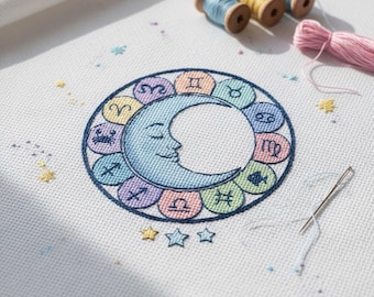 Zodiac Signs Cross Stitch Pattern, Moon Astrology Horoscope Chart, Celestial Digital PDF