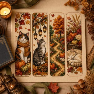 Könnte beinhalten: Ein Kreuzstich-Stickmuster mit vier vertikalen Paneelen, die herbstliche Szenen darstellen. Die Motive zeigen eine Glückskatze mit Schal, eine getigerte Katze unter hängenden Laternen, einen Waldweg mit Kürbissen und eine schlafende Katze mit Erntegut.
