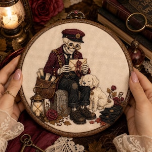 May include: A circular embroidery hoop containing a cross-stitch design of a skeleton wearing a maroon coat, hat, and glasses, holding a letter. A small white dog sits beside the skeleton, which is perched on a stone block near a lantern.