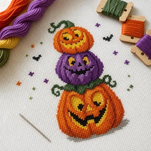 Halloween Pumpkin Stack Cross Stitch Pattern, Jack-o-Lantern PDF, Spooky Fall Decor, Digital Download
