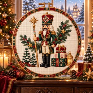 May include: A circular embroidery hoop containing a cross-stitch design of a nutcracker in a green and red uniform holding a gold staff. The scene includes two small pine trees, a stack of three wrapped gifts, and a sprig of holly with red berries.
