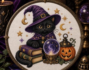 May include: A cross-stitch embroidery in a round bronze frame featuring a black cat wearing a purple witch hat and cape. The cat sits beside a stack of two books, a glowing purple crystal ball on a stand, and an orange jack-o'-lantern pumpkin.