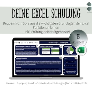 Pode incluir: Um ecrã de computador portátil que mostra um curso sobre como aprender os conceitos básicos do Excel. O curso inclui 15 fórmulas do Excel e um rastreador de progresso. O título do curso é "Deine Excel Schulung", que se traduz como "O seu treinamento em Excel".