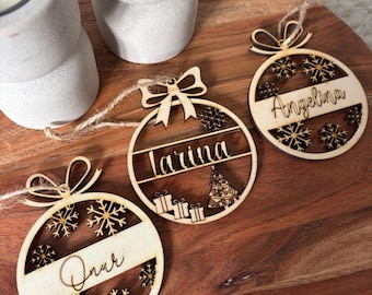 Décorations de sapin de Noël personnalisées en bois, pendentifs de sapin de Noël avec noms, boules de Noël en bois, décorations de sapin de Noël