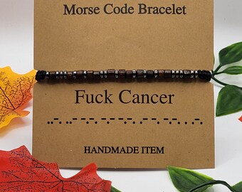 F*ck Cancer Morse Code Bracelet | Personalised Hematite and Wood Beads on Adjustable Wax Cord | Bracelet For Men and Women