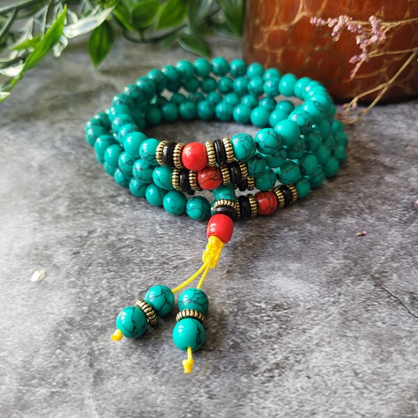 Tibetan Healing Stone Mala Bracelet Necklace | Green Turquoise Japa mala | Spiritual Wrap Bracelet | 108 Mala | Tibetan Mala Prayer beads