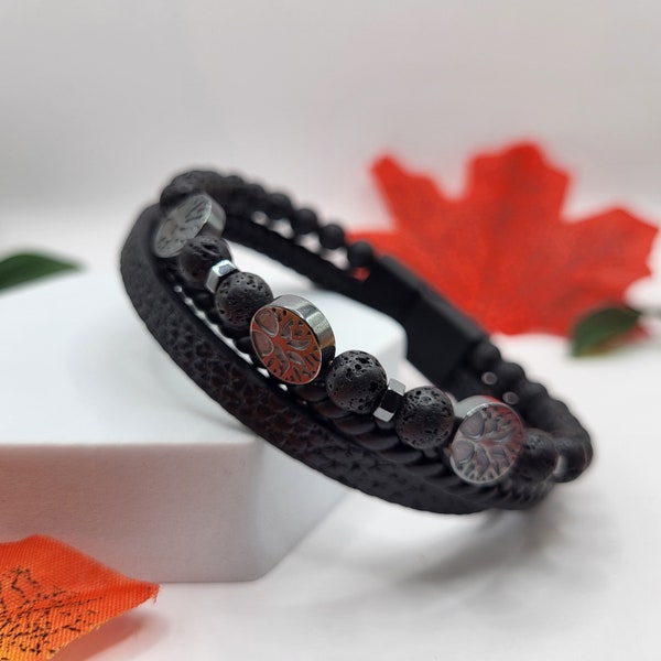 Men's Handmade Leather Bracelet with Volcanic Stone Beads and Tree of Life Charm