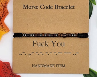 F*ck You Bracciale in codice Morse / Ematite personalizzata e perline di legno su cordoncino in cera regolabile / Bracciale per uomo e donna