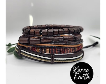 Men's 5 layer Bracelet Set | Leather braided Bracelet | Five Rustic black & brown adjustable strands | Men's wrap bracelet