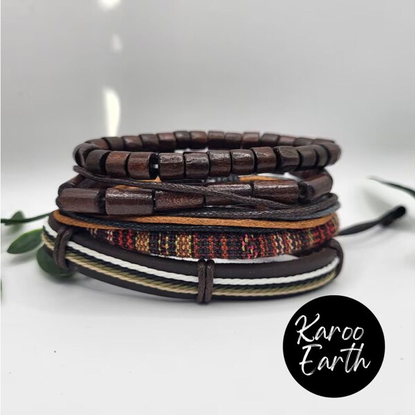 Men's 5 layer Bracelet Set | Leather braided Bracelet | Five Rustic black & brown adjustable strands | Men's wrap bracelet