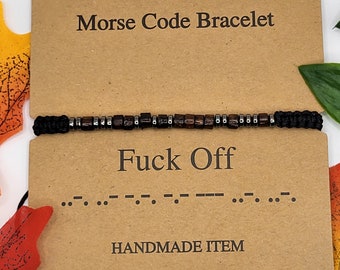 F*ck Off Bracciale in codice Morse / Ematite personalizzata e perline di legno su cordoncino in cera regolabile / Bracciale per uomo e donna