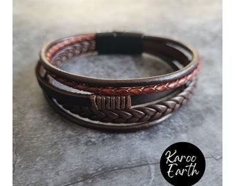 Men's Leather bracelet in Brown | Leather Bracelet with Magnetic Clasp | Handmade Genuine Multilayer Braided Rope Wrap
