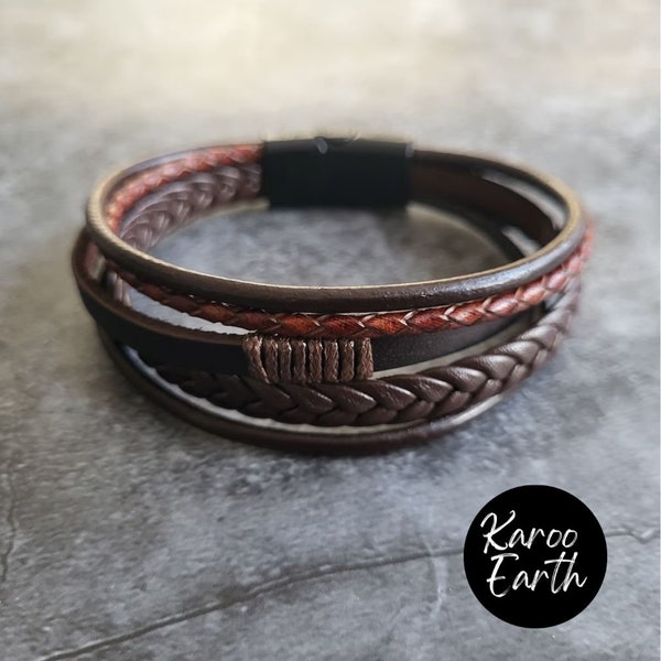 Men's Leather bracelet in Brown | Leather Bracelet with Magnetic Clasp | Handmade Genuine Multilayer Braided Rope Wrap