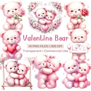 Watercolor Valentine pink Teddy Bear Clipart, 14 PNG Cute Bears Clipart, Valentine Teddy Bear Clipart, Love Bears PNG, Commercial Use