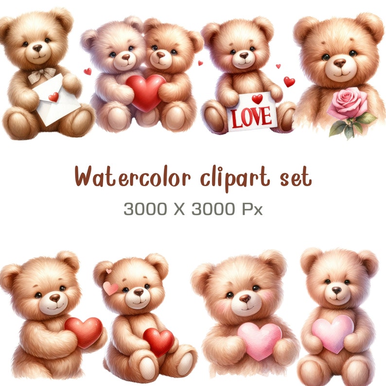 Watercolor Valentines Teddy Bear Clipart, 16 PNG Cute Bears Clipart ...