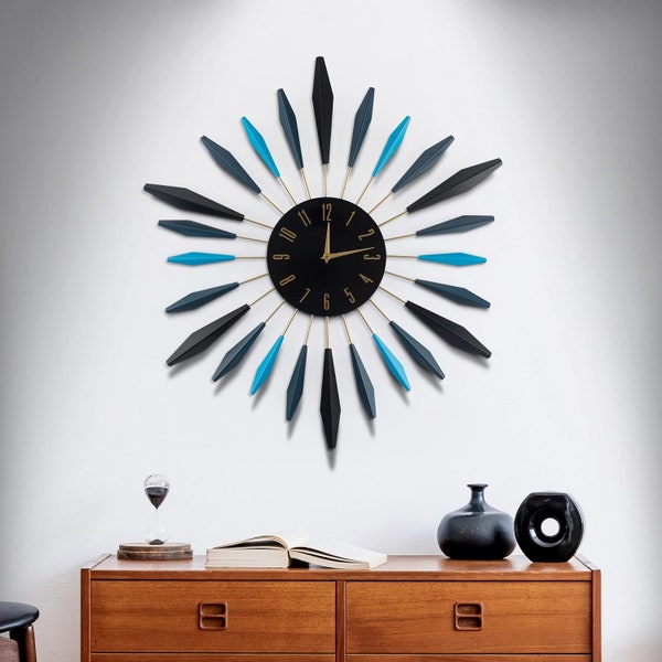 Large Mid Century Wall Clock, Mid Century Modern Wall Decor, Non-Ticking Silent Wall Clock - 27.6 Inch Sturdy Metal Wall Clock