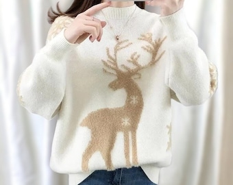 Women's Christmas Reindeer Sweater, Loose Knit Warm Pullover, Perfect Winter Casual Top, Ideal Mum Gift, Holiday Season Apparel