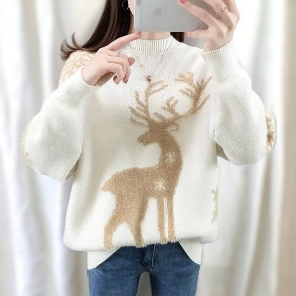 Women's Christmas Reindeer Sweater, Loose Knit Warm Pullover, Perfect Winter Casual Top, Ideal Mum Gift, Holiday Season Apparel