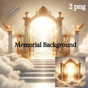 Peut inclure: Une image de fond numérique représentant une porte dorée avec un escalier menant à une lumière vive. La porte est ornée de détails complexes et se dresse sur un fond de nuages. Le texte "Memorial Background" est affiché sous la porte.