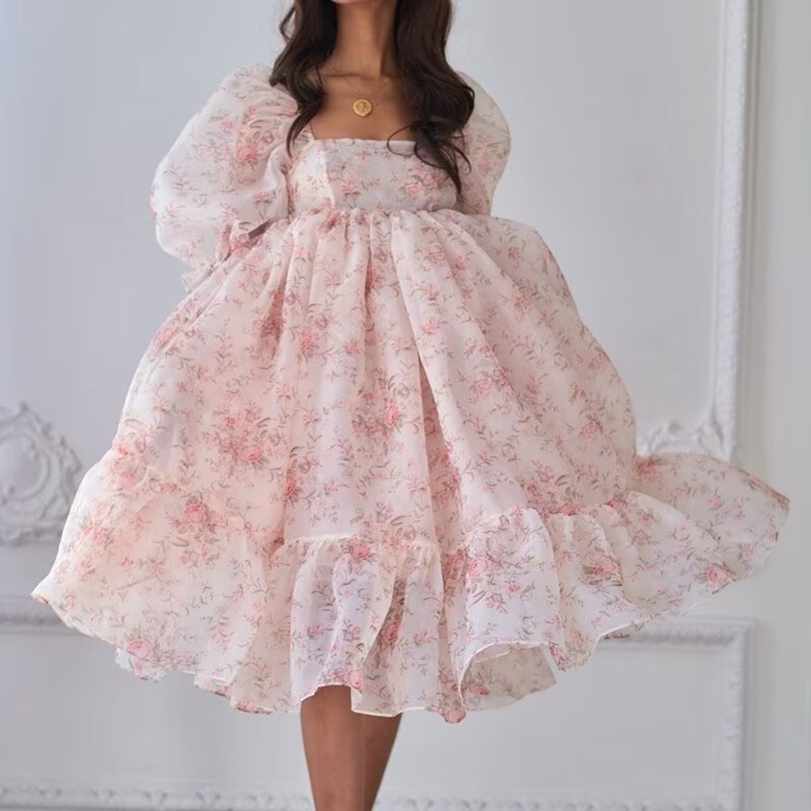 Summer Chiffon Floral Elegant Midi Casual Puff Sleeve Sweet Princess Vintage Lace Vacation Dress