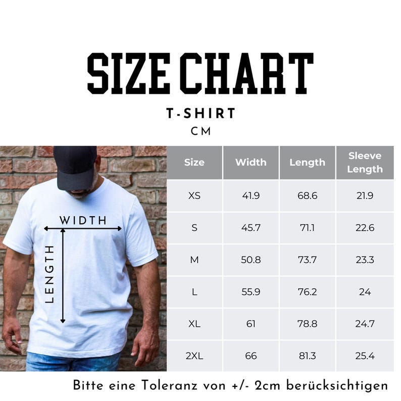 May include: A white t-shirt size chart with measurements in centimeters. The chart includes sizes XS to 2XL, with width, length, and sleeve length measurements. The text "SIZE CHART" and "T-SHIRT" are displayed at the top.