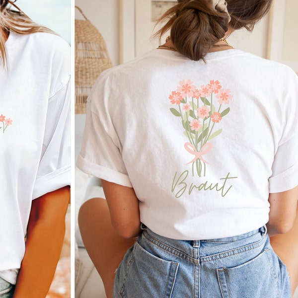 Braut Shirt mit Blumenstrauß in deiner Lieblingsfarbe, Personalisiertes Geschenk, Geschenk Braut, Junggesellinnenabschied, Brautjungfer