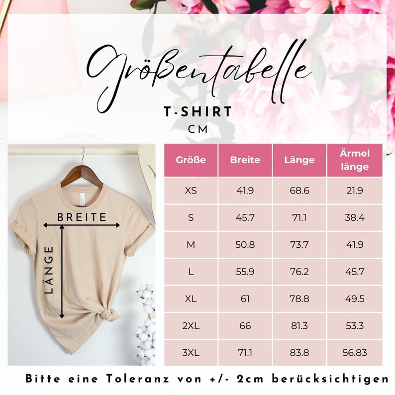 May include: A tan T-shirt displayed on a hanger, with a size chart in centimeters. The chart lists sizes XS to 3XL, with measurements for width, length, and sleeve length. The text "BREITE" and "L&Auml;NGE" are labeled on the shirt.