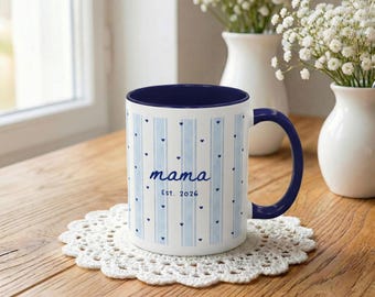 Personalized Mom Mug – Blue Heart Design – Est. Date – Gift for Mother's Day, Birth & Birthday