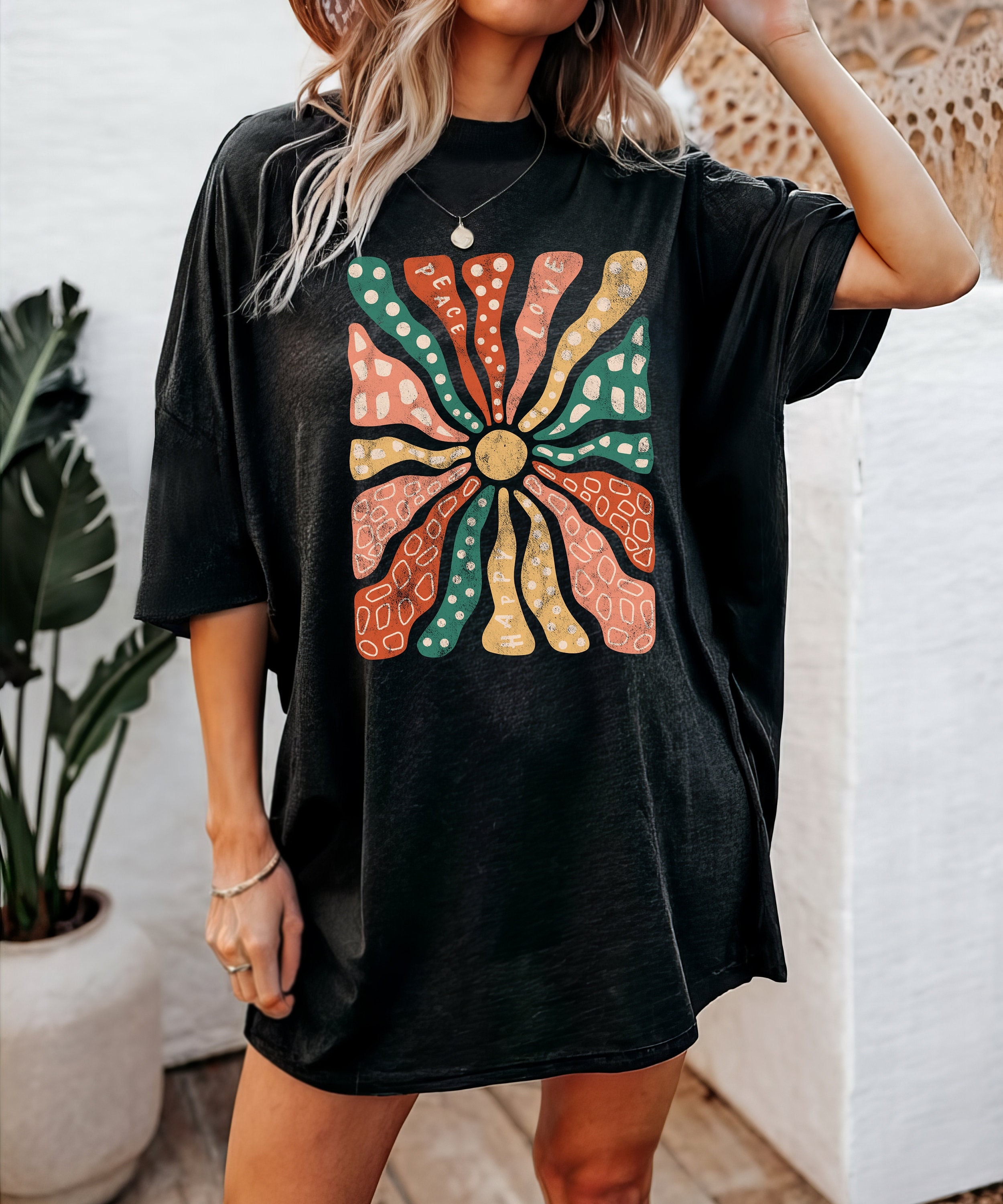 Festival shirt in used look, festival t-shirt, boho, vintage, peace, love, happy, sun, festival outfit