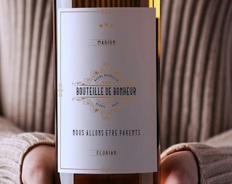 Etiqueta para vino - Etiqueta para anunciar el embarazo - Adhesivo para botella - Mensaje personalizado - Sorpresa para la familia - Boda