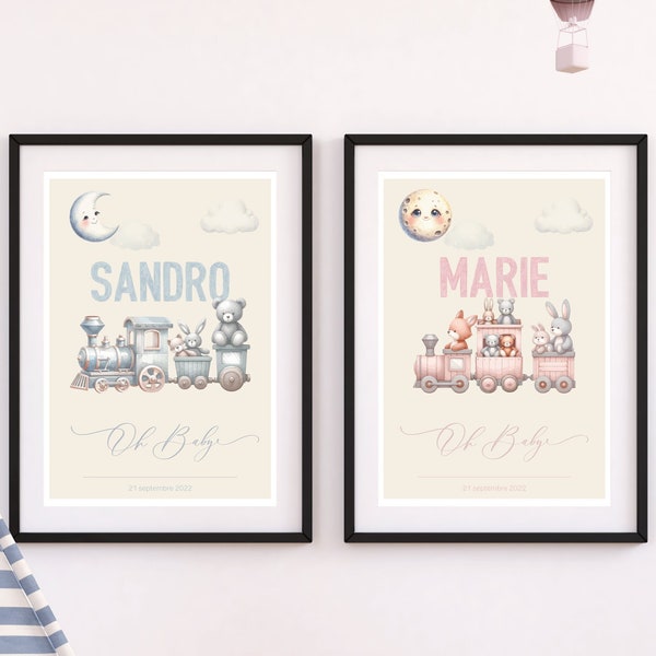 Affiche chambre bébé avec prénom, trio d'affiches personnalisables motif petit train, affiche avec prénom, chambre enfant, cadeau