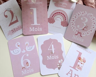 Meilensteinkarten für das 1. Jahr des Babys – Rosa – // Regenbogen // Blumen // Geburtstagsmonate // Rosa