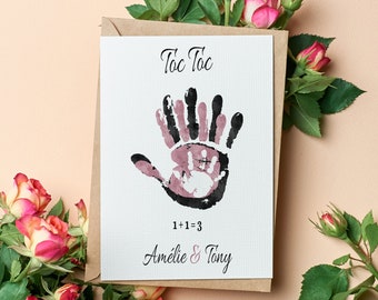 Personalized Pregnancy Announcement Card Handprints Mom Dad Baby, The family is growing, baby announcement card, pregnancy announcement idea