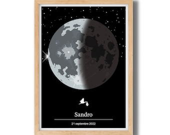 Personalized Moon Birth Poster with Moon Phase - Stork Birth - Baby Name Poster, Customizable Birth Gift