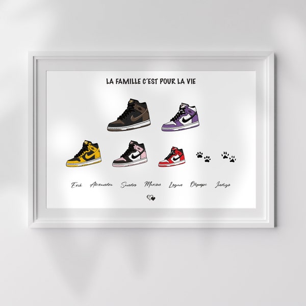 Affiche famille personnalisée, affiche famille basket, Jordan 1, portrait de famille, affiche Jordan 1 personnalisable