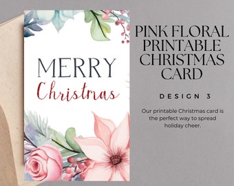 Pink Floral Christmas Card - Design 3 | Printable Christmas Card