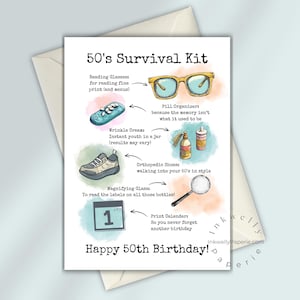 Cartão de aniversário de 50 anos | Cartão engraçado do kit de sobrevivência dos anos 50 | Cartão de aniversário para impressão | Formatos 4x6 e 5x7 | Cartão digital | Cartão de aniversário de marco